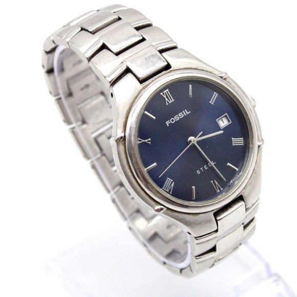 Vintage Fossil Steel Watch Mens Blue Dial Date Analog 36mm FS2701 Stainless Stee - Picture 1 of 8